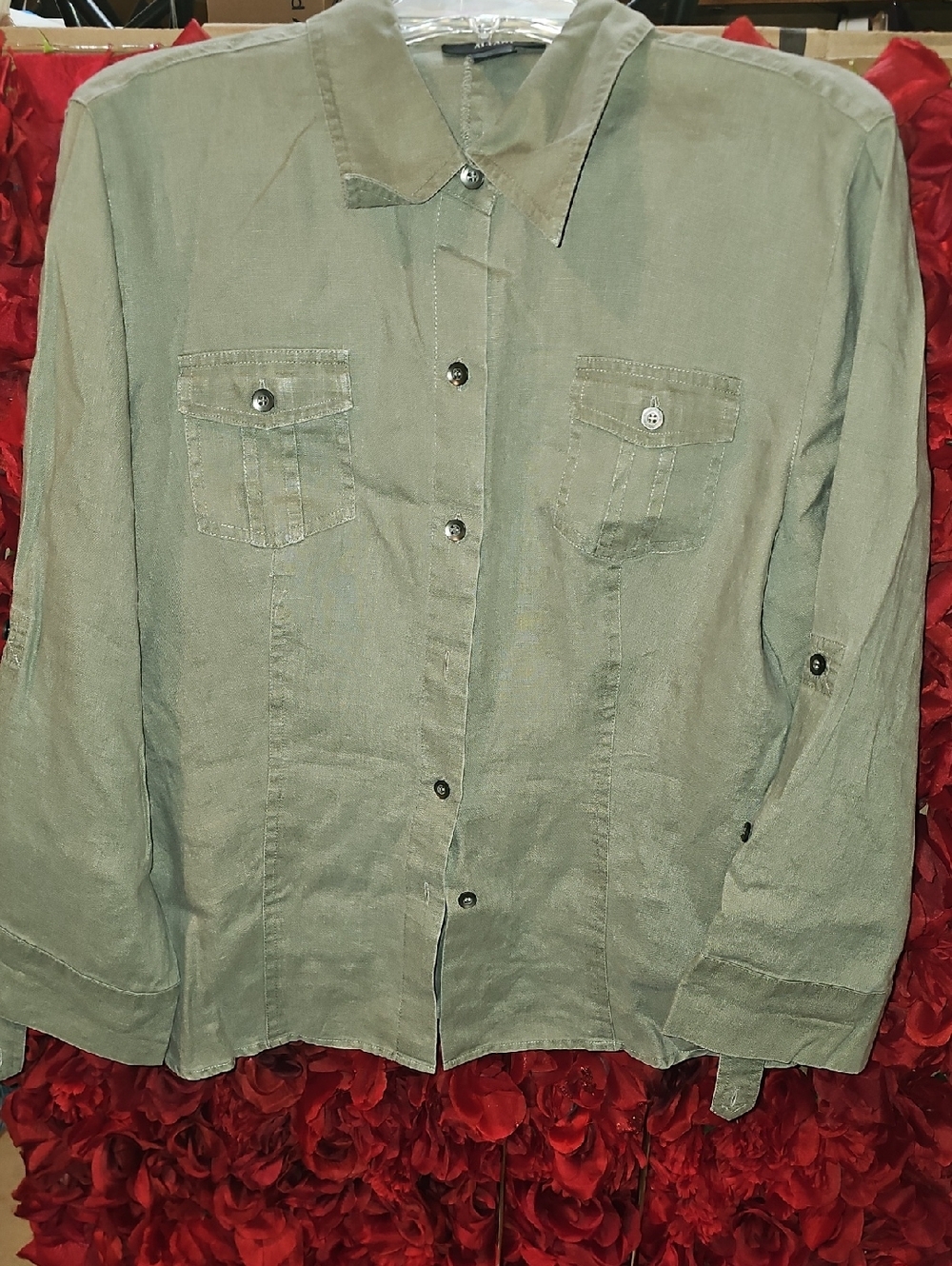 Alfani Olive Green 100% Linen Button-Up Shirt W/ Adj. Sleeves Size 12